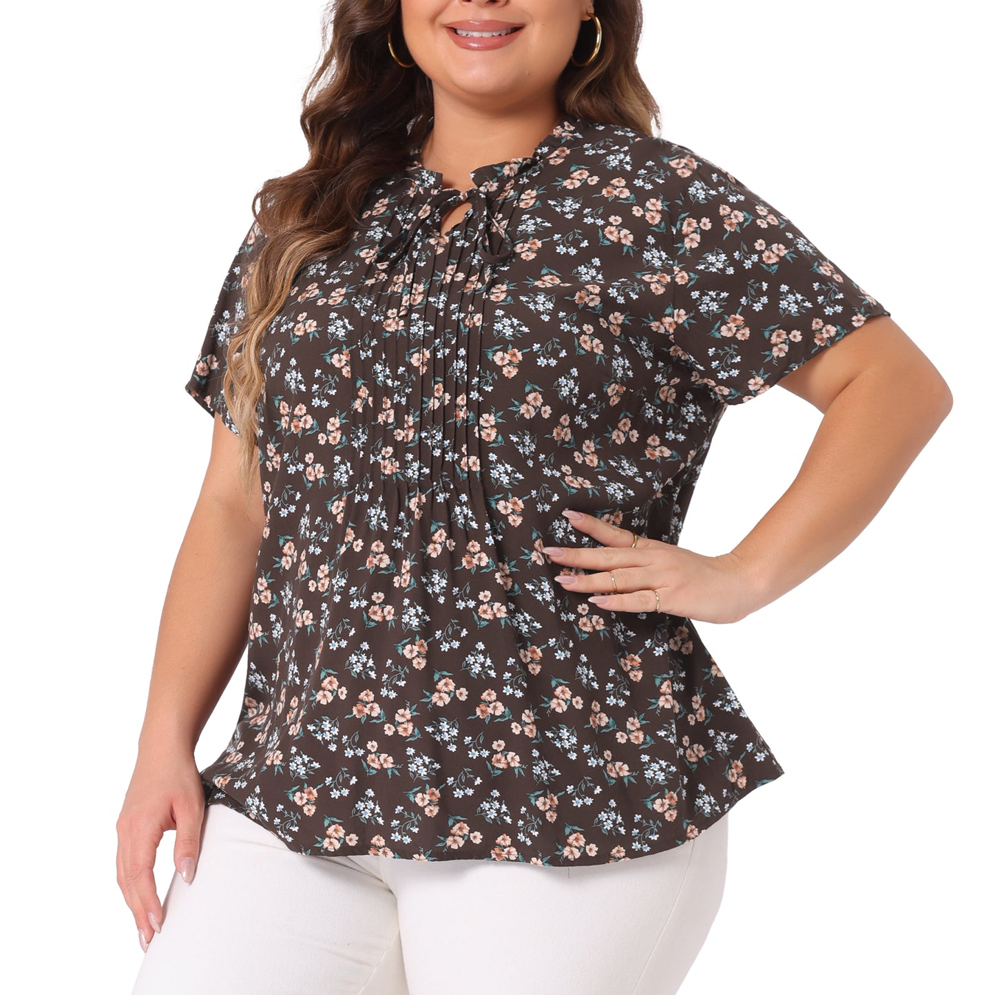 Women Plus Size Tie Neck Short Sleeve Pleated Floral Summer Blouse