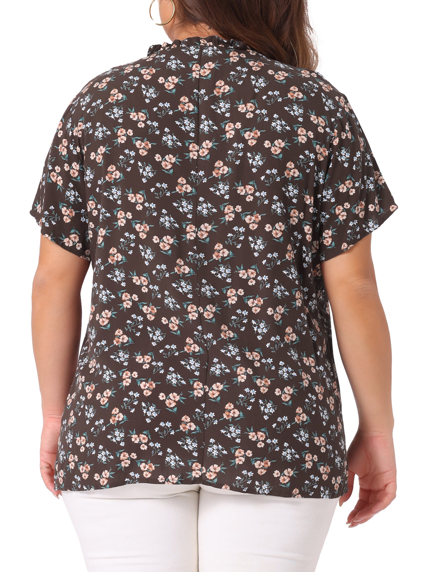 Women Plus Size Tie Neck Short Sleeve Pleated Floral Summer Blouse