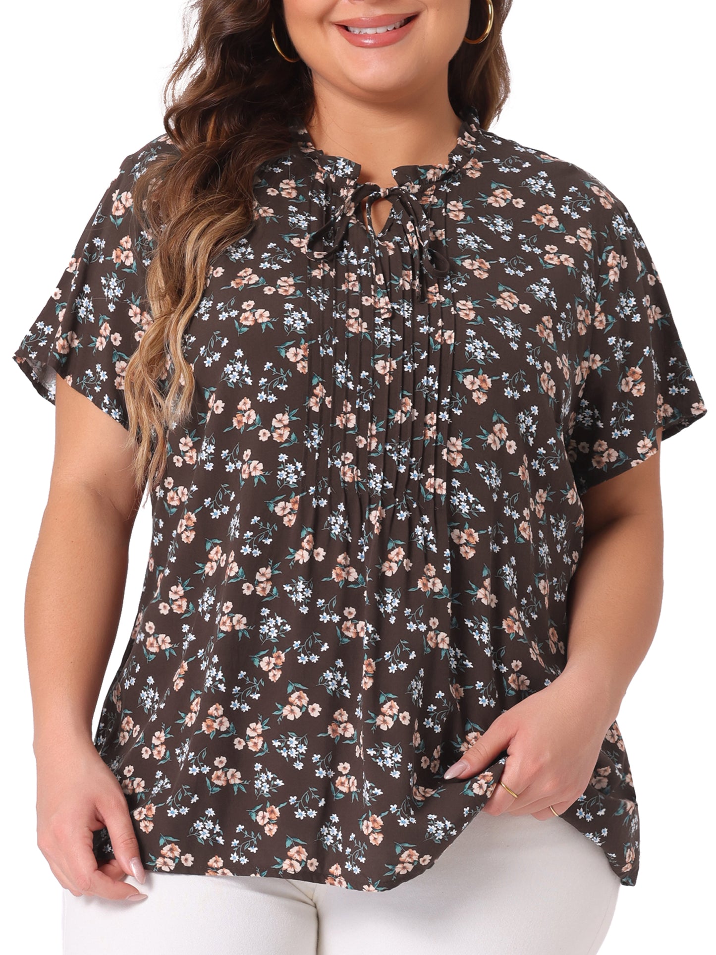 Women Plus Size Tie Neck Short Sleeve Pleated Floral Summer Blouse
