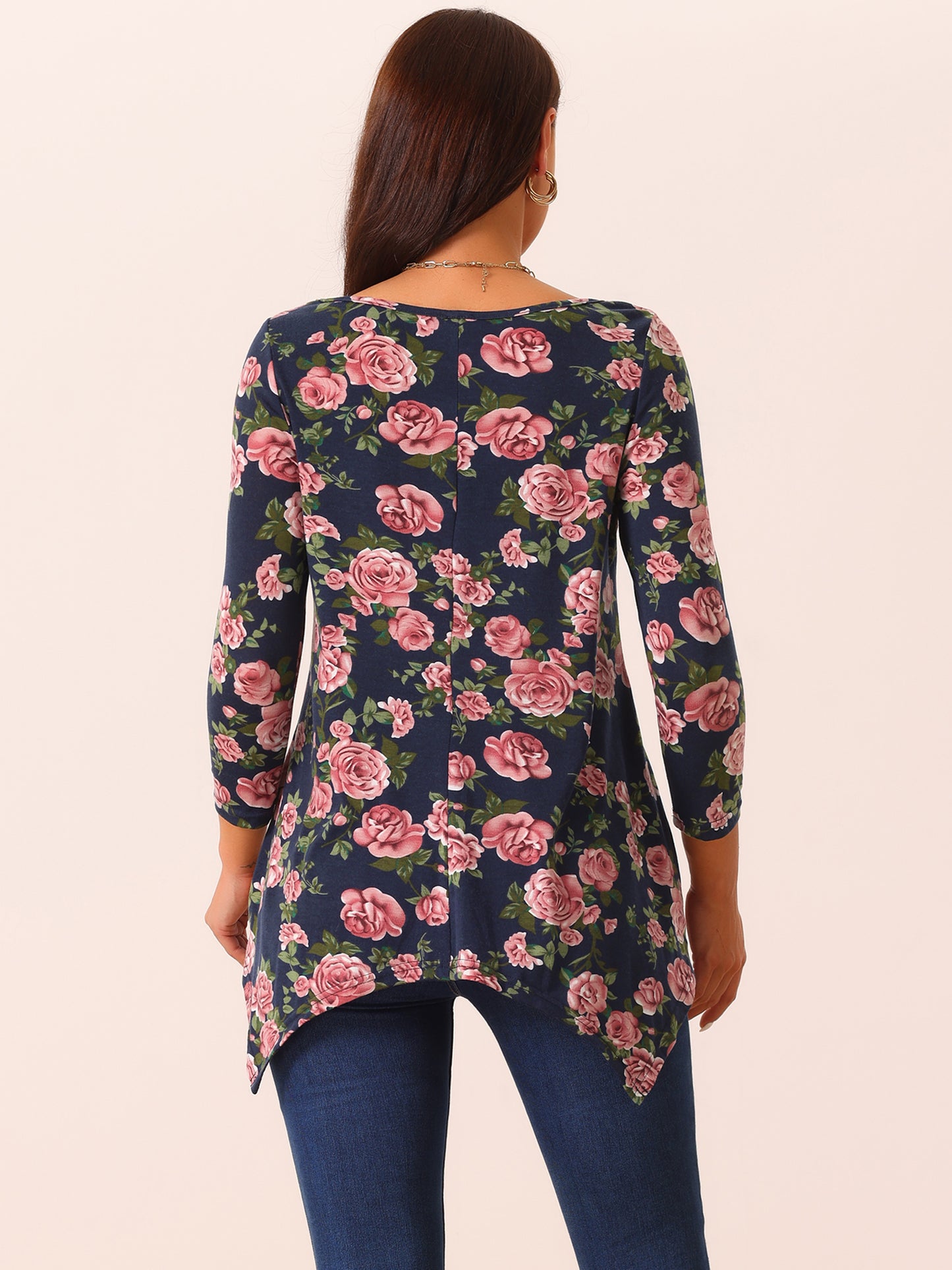 Women's 3/4 Sleeve Tops Round Neck Floral Print Loose Fit Asymmetrical Hem Tops with PocKets