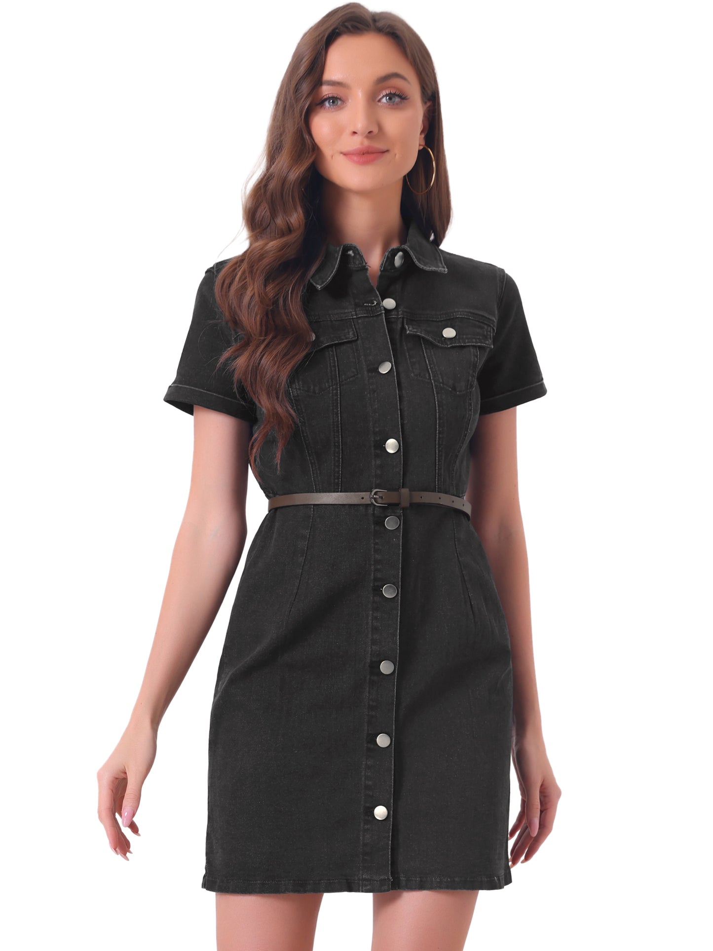 Women's Denim Shirt Dress Collar Short Sleeve Belted Button Up Jean Dresses