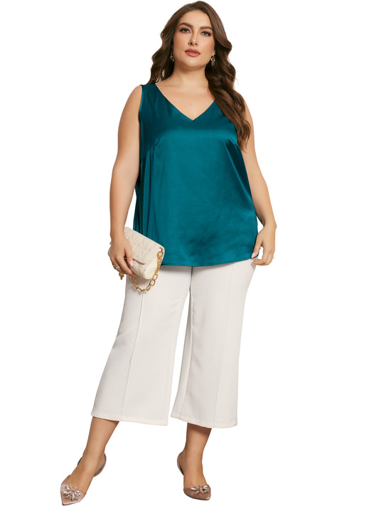 Women Plus Size Satin Tank Tops V Neck Casual Sleeveless Summer Basic Tank