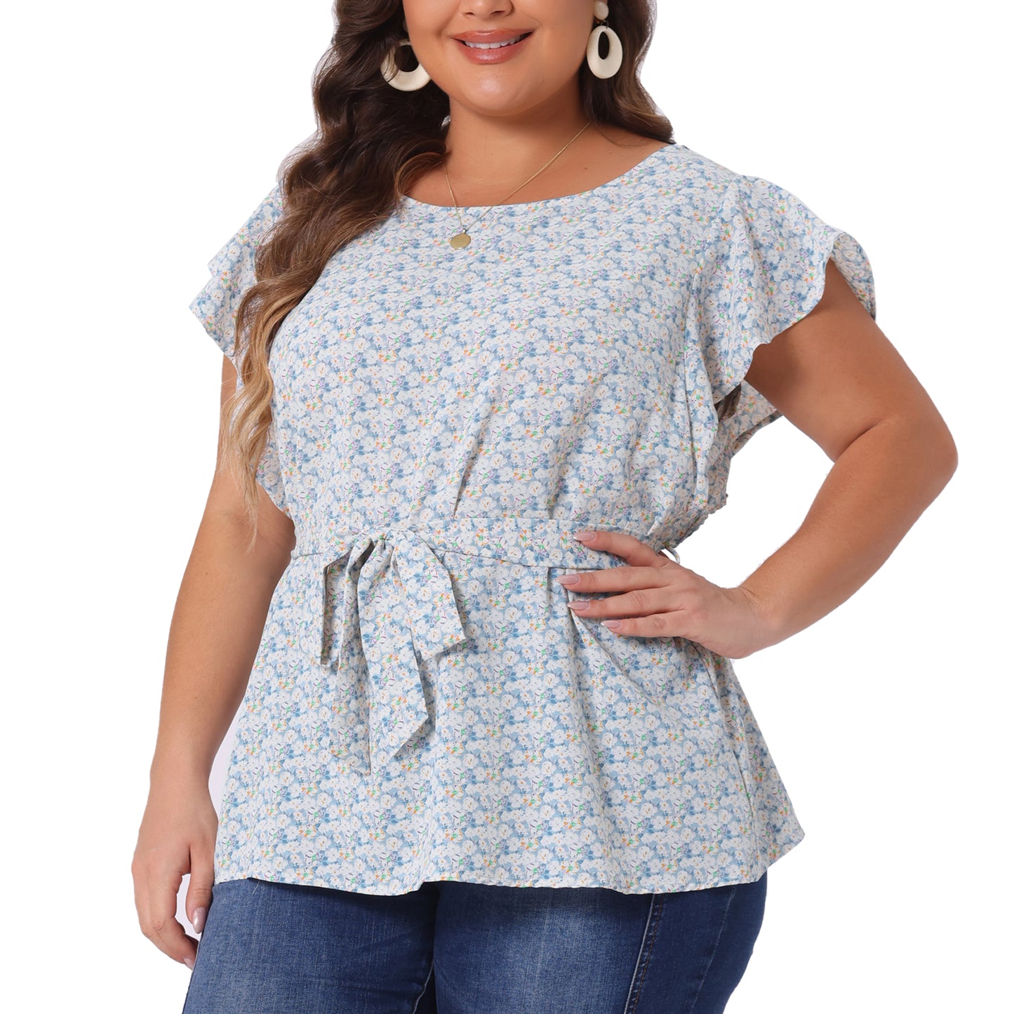Women's Plus Size Summer Top Floral Tie Waist Short Sleeves Round Neck Blouse