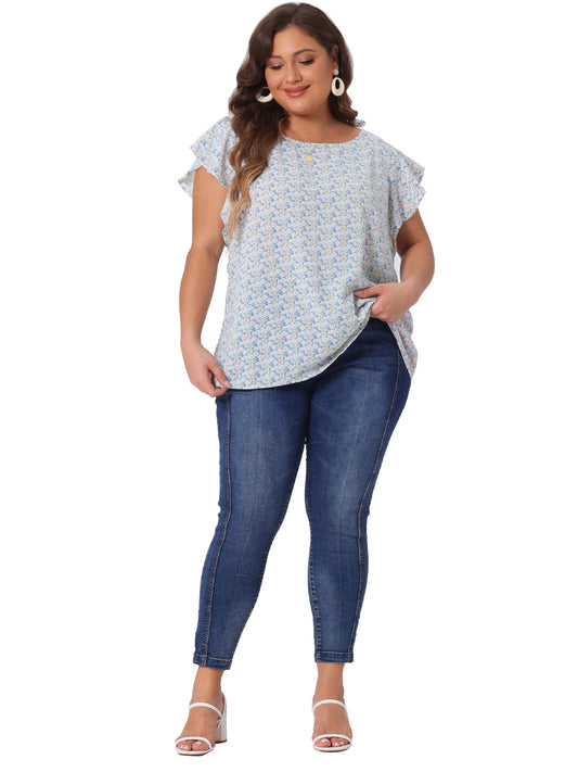 Women's Plus Size Summer Top Floral Tie Waist Short Sleeves Round Neck Blouse