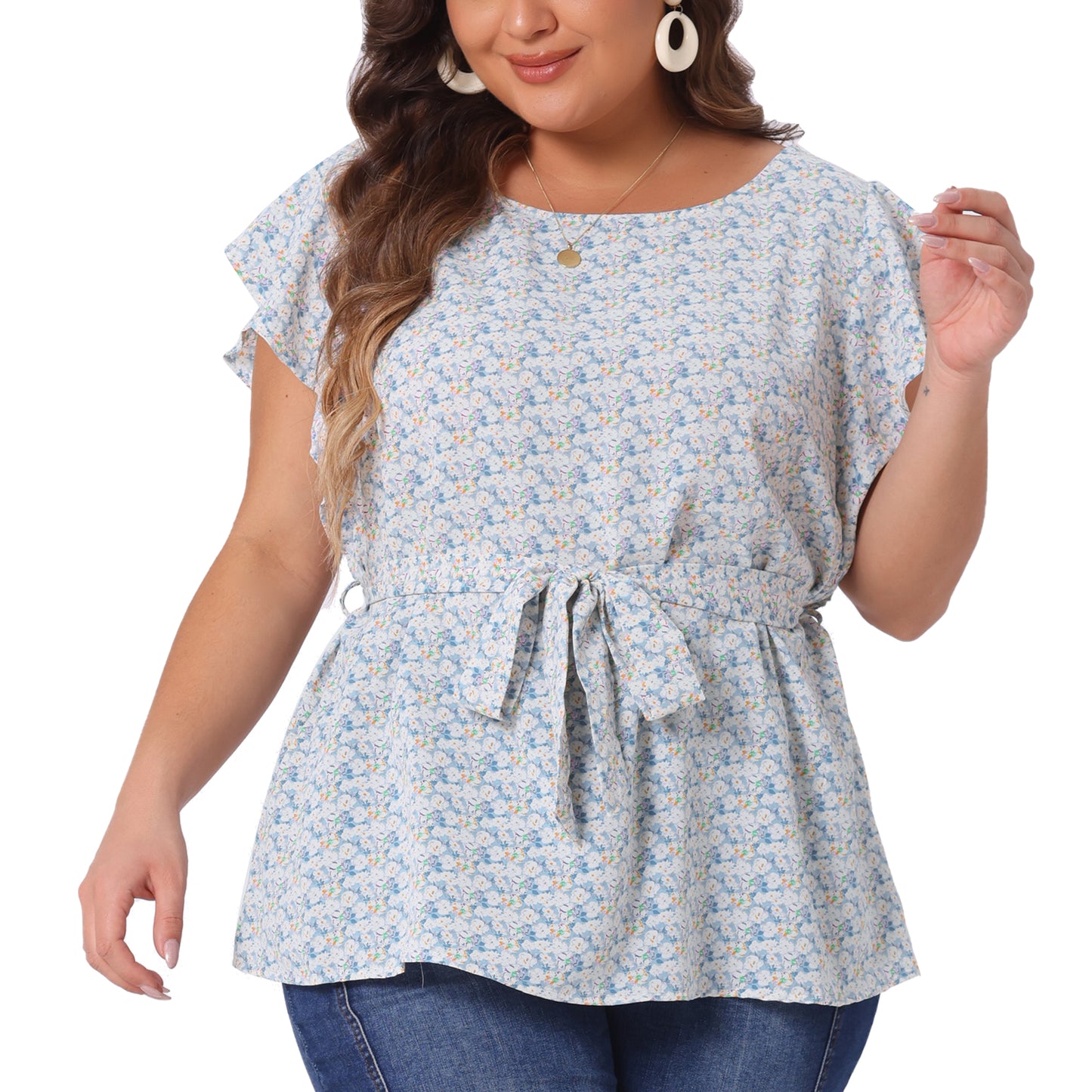 Women's Plus Size Summer Top Floral Tie Waist Short Sleeves Round Neck Blouse