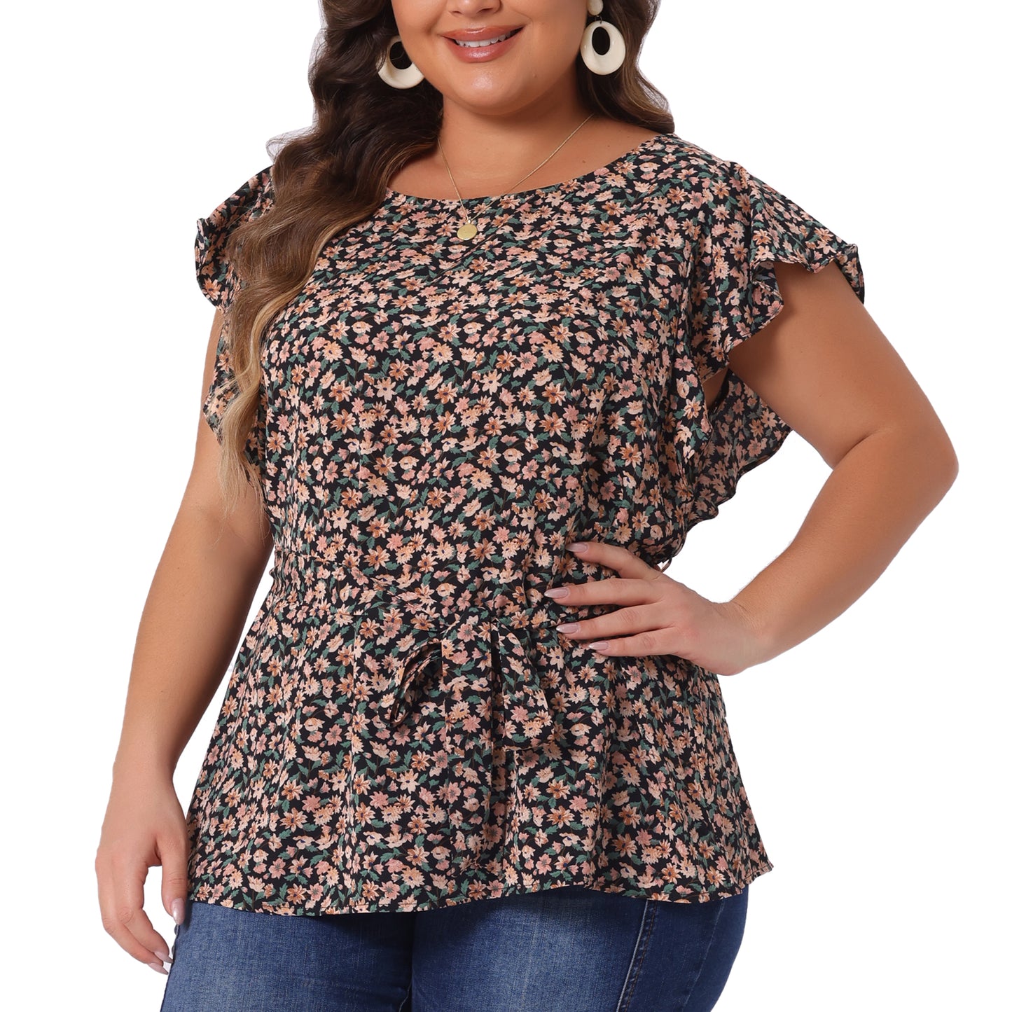 Women's Plus Size Summer Top Floral Tie Waist Short Sleeves Round Neck Blouse