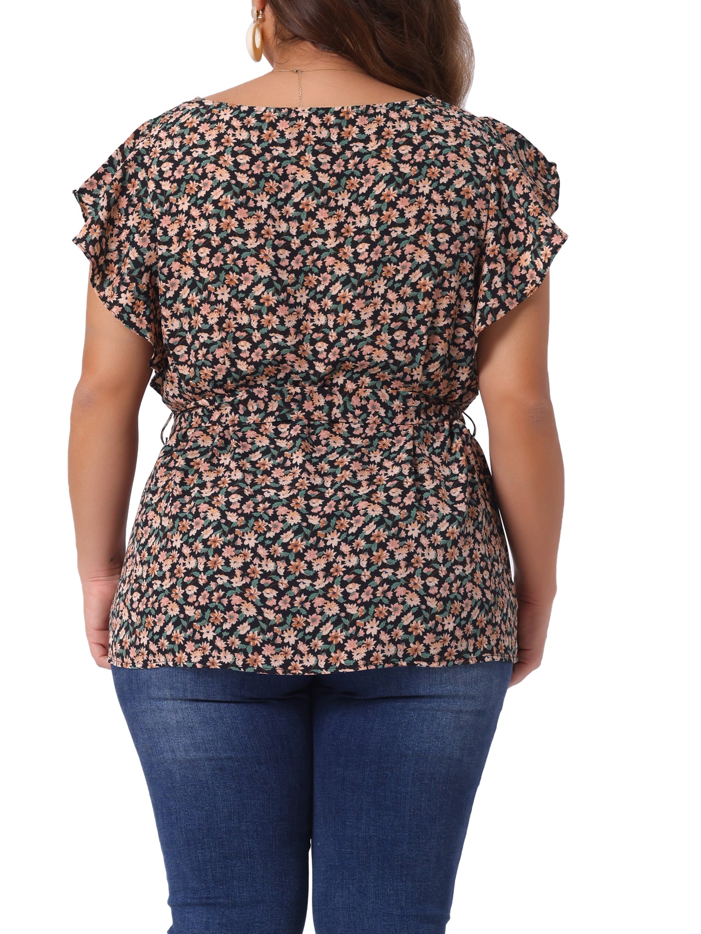 Women's Plus Size Summer Top Floral Tie Waist Short Sleeves Round Neck Blouse
