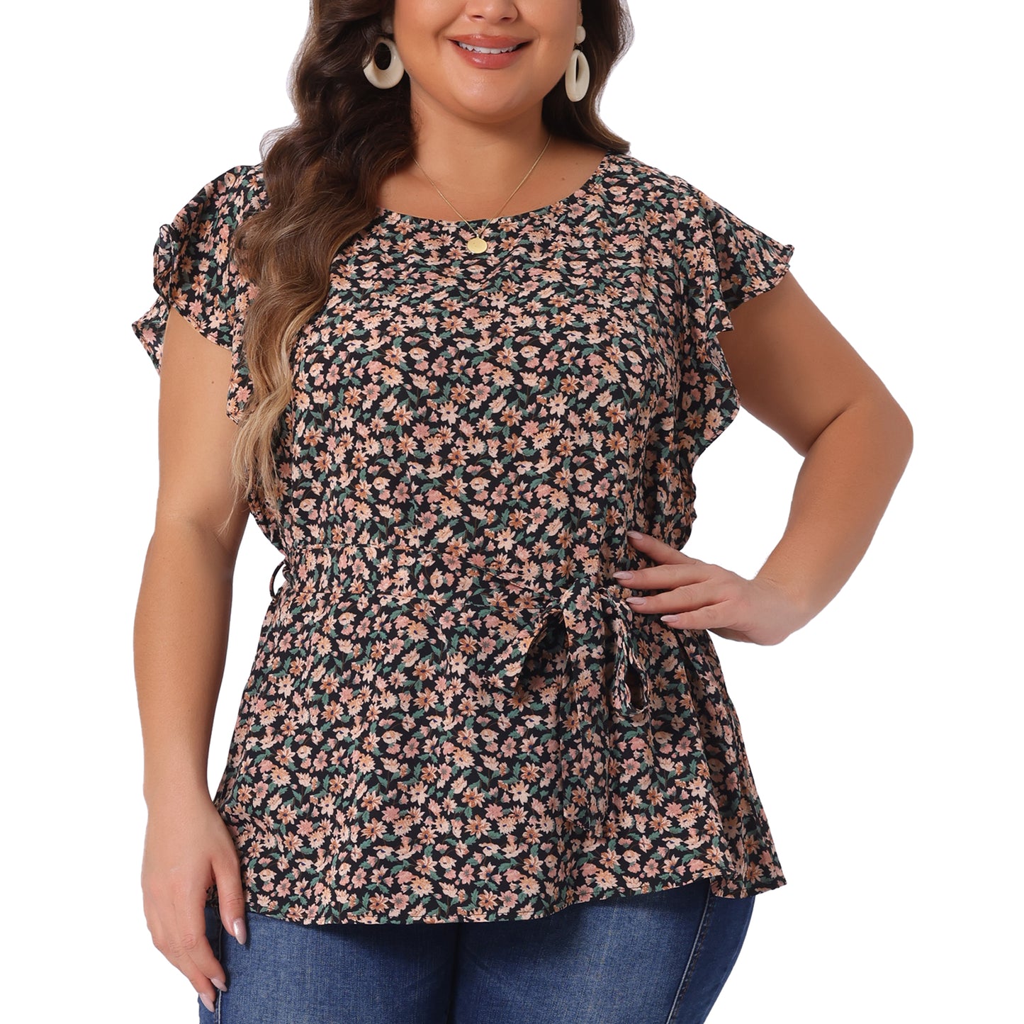 Women's Plus Size Summer Top Floral Tie Waist Short Sleeves Round Neck Blouse