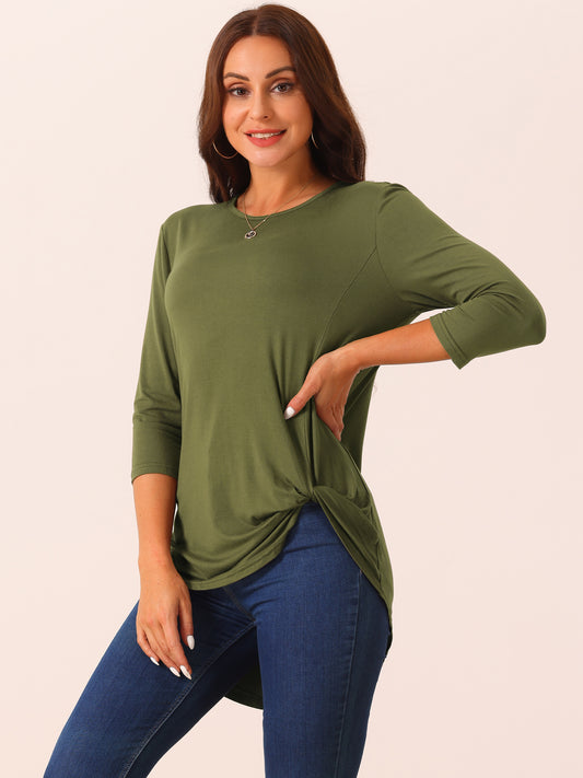 Women's Casual Tunic Top Crewneck 3/4 Sleeve Asymmetrical High Low Shirt Twist Knot Waist Blouse