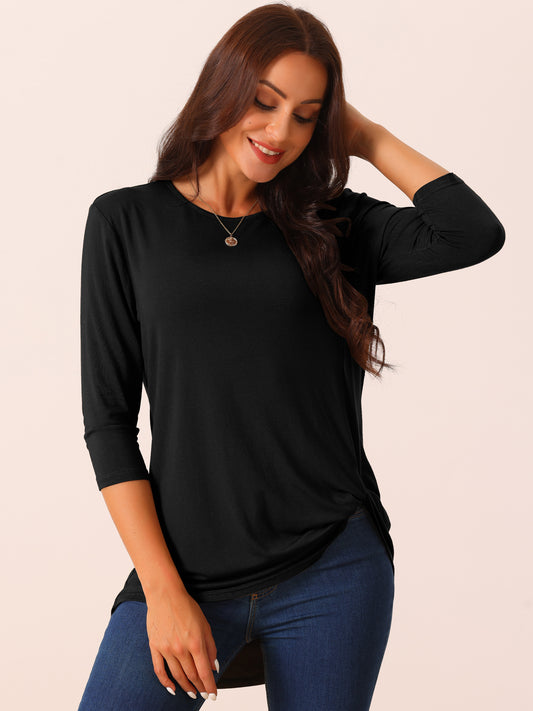 Women's Casual Tunic Top Crewneck 3/4 Sleeve Asymmetrical High Low Shirt Twist Knot Waist Blouse