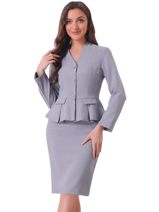 Women's Business 2 Piece Suit Set Long Sleeve Collarless Peplum Blazer Pencil Skirt