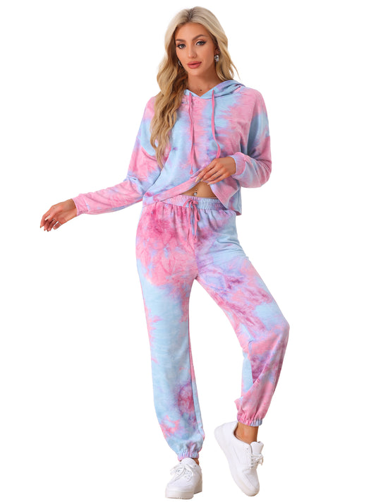 Women's 2 Piece Sweatsuits Tie Dye Pullover Hoodie Drawstring Jogging Tracksuit