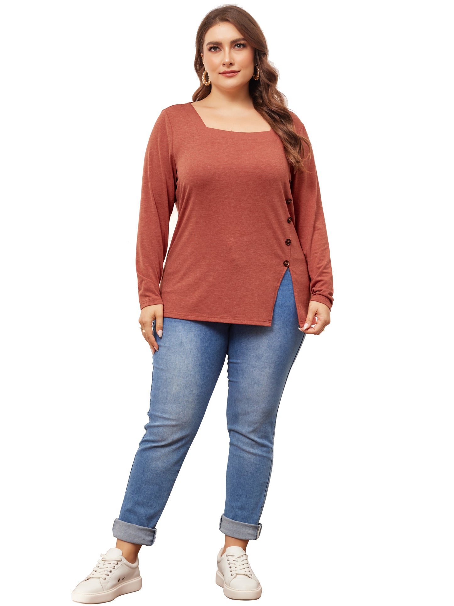 Women Plus Size Top Side Button Square Neck Long Sleeve Casual Tunic Blouse