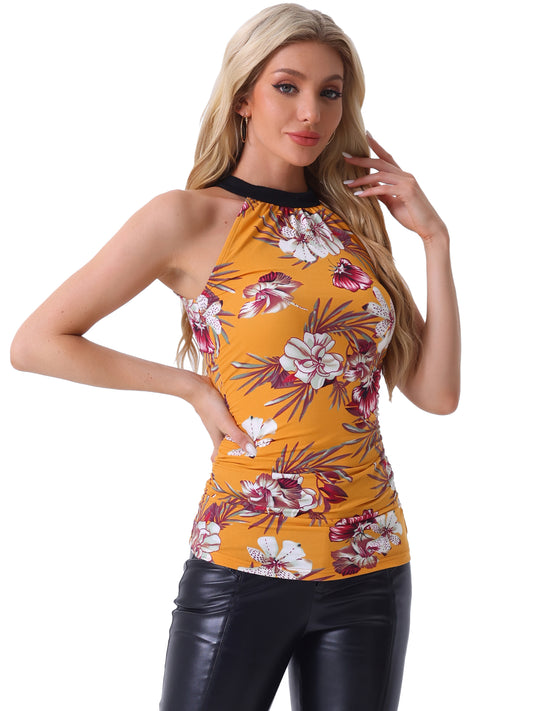 Women's Sexy Halter Neck Sleeveless Stretchy Slim Fit Party Ruched Top