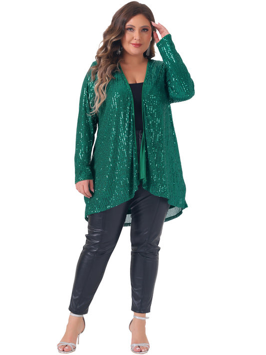 Cárdigans de lentejuelas de talla grande para mujer, chaquetas brillantes de manga larga con abertura frontal y brillo.