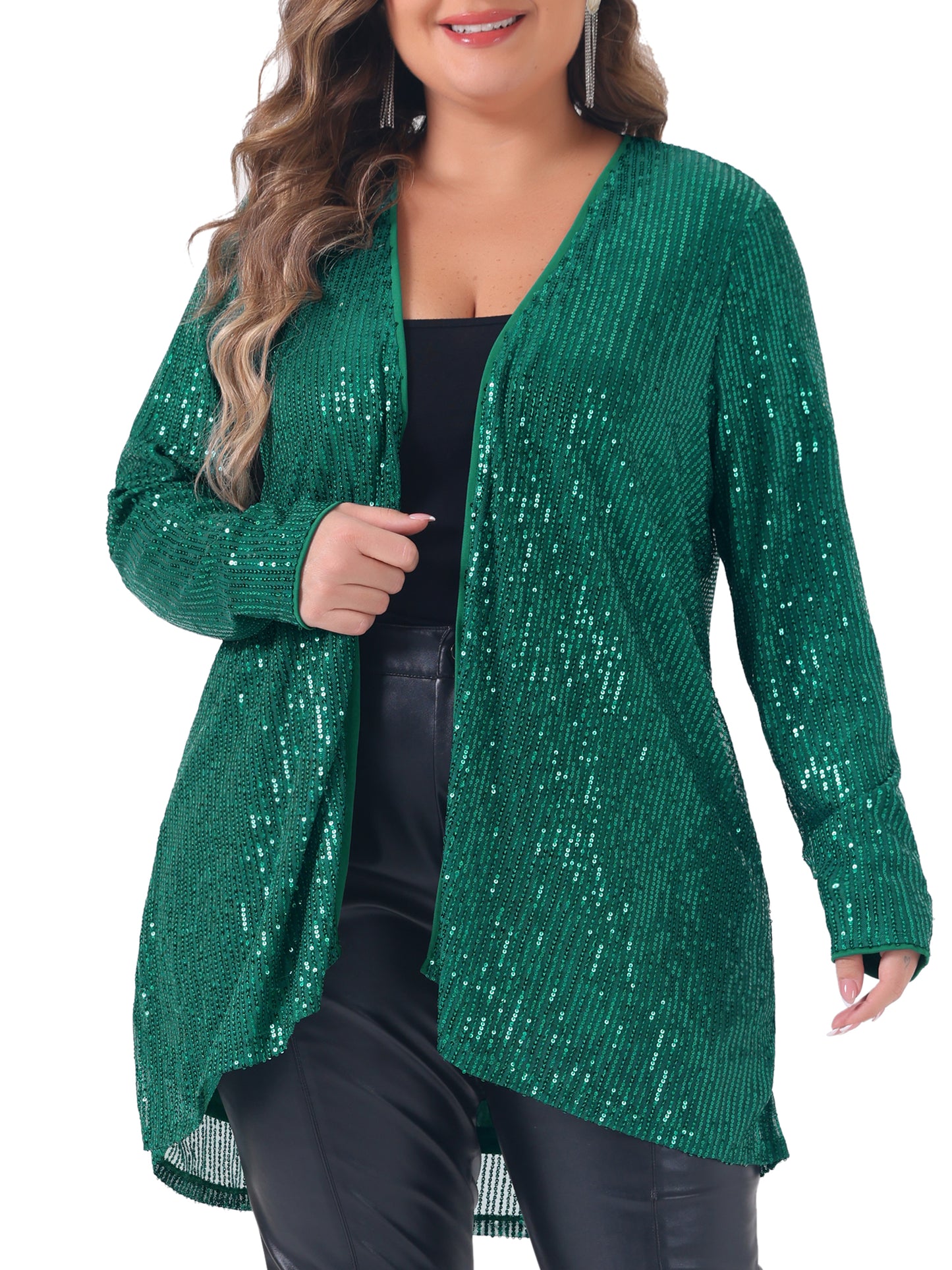 Cárdigans de lentejuelas de talla grande para mujer, chaquetas brillantes de manga larga con abertura frontal y brillo.