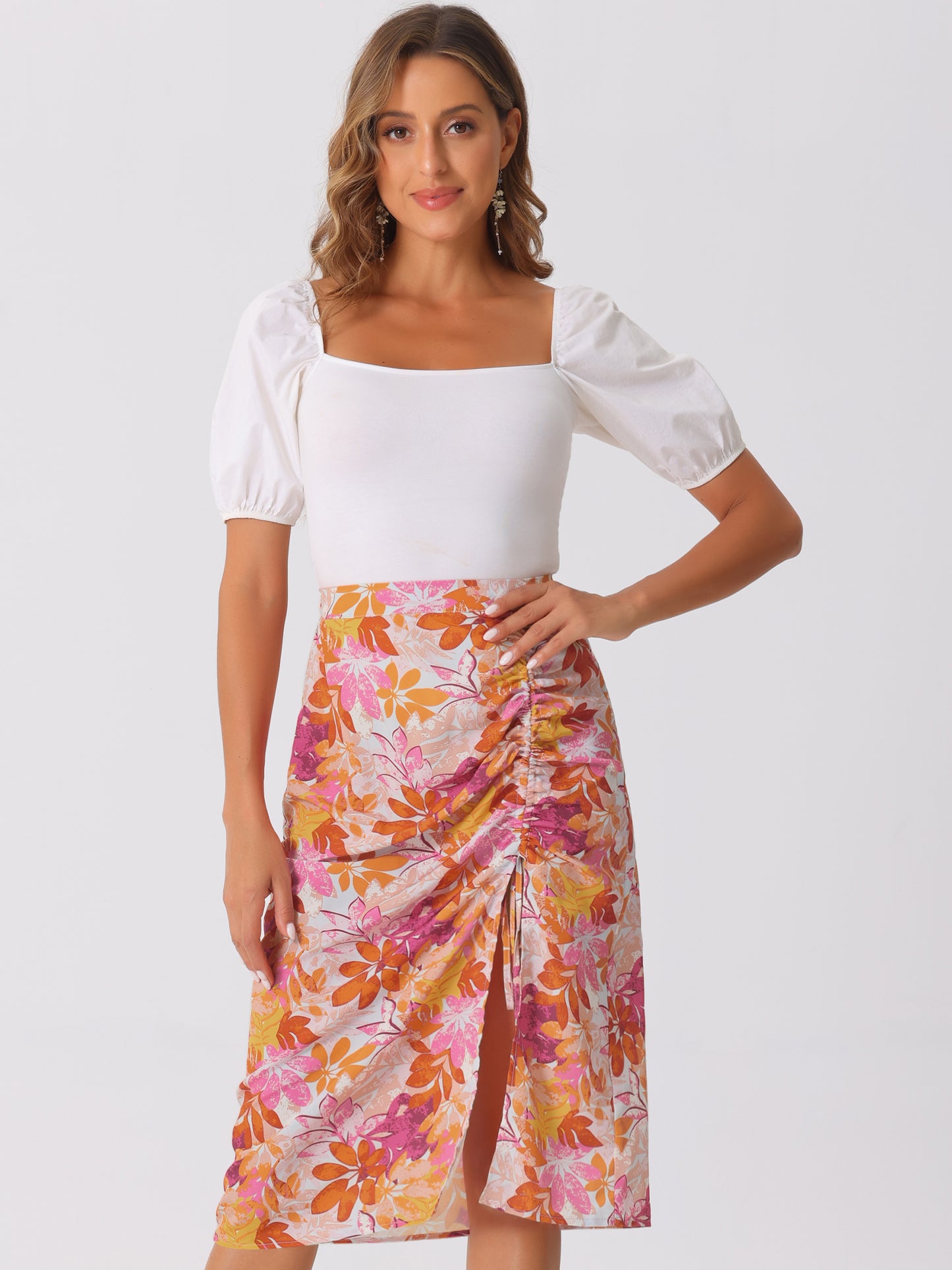 Women's Summer Beach Ruched Split Thigh Tropical Skirt