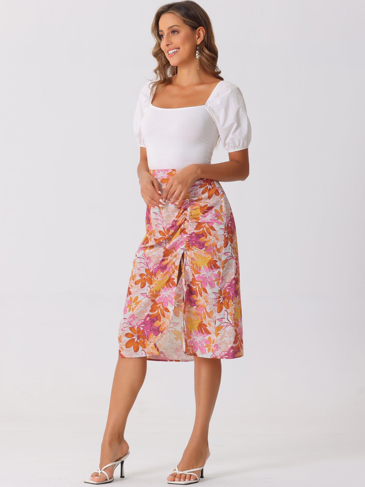Women's Summer Beach Ruched Split Thigh Tropical Skirt