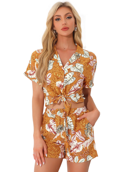 Women Hawaiian Set 2 Pieces Floral Button Down Shirt and Shorts Tropical Vacation Beach Casual