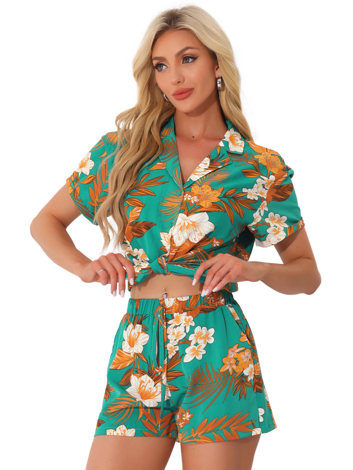 Conjunto hawaiano de 2 piezas para mujer, camisa floral con botones y pantalones cortos, estilo tropical, para vacaciones en la playa, informal.
