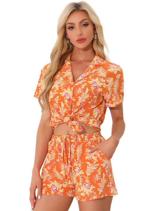 Women Hawaiian Set 2 Pieces Floral Button Down Shirt and Shorts Tropical Vacation Beach Casual