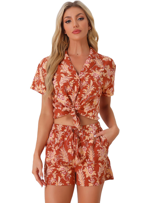 Women Hawaiian Set 2 Pieces Floral Button Down Shirt and Shorts Tropical Vacation Beach Casual