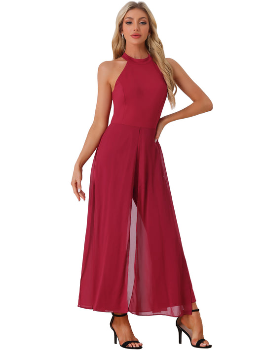 Women's Summer Sleeveless Halter Neck Wedding Chiffon Wide Leg Dressy Elegant Jumpsuit