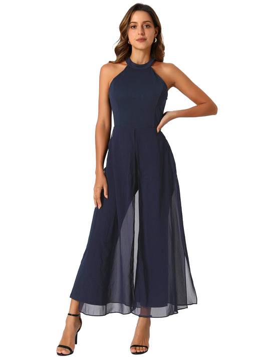 Women's Summer Sleeveless Halter Neck Wedding Chiffon Wide Leg Dressy Elegant Jumpsuit