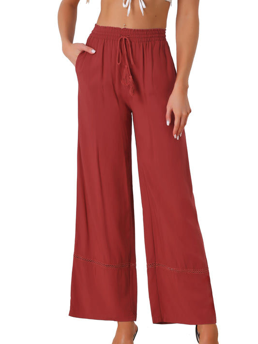 Women's Summer Casual Pants Loose High Waist Drawstring Wide Leg Palazzo Trousers with Pockets