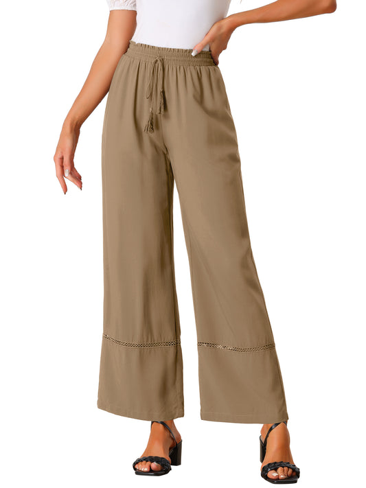 Women's Summer Casual Pants Loose High Waist Drawstring Wide Leg Palazzo Trousers with Pockets