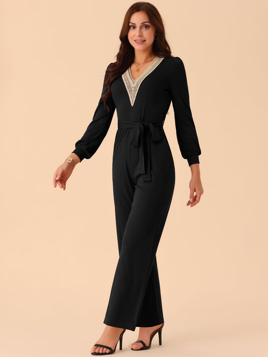 Women's Long Sleeve V Neck Jumpsuit Belted Stretchy Wide Leg Long Pant Romper with Pockets