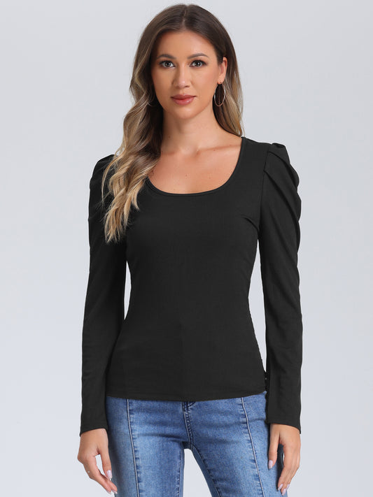 Women's Puff Sleeve Top Square Neck Long Sleeve Casual Basic Ribbed Tunic Blouse