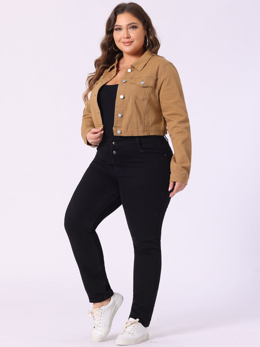 Women's Plus Size Button Closed Cropped Stitching Denim Jacket