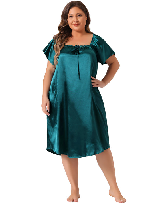 Women Plus Size Satin Silk Nightgown Pleated Loose Sleepwear Sleep Dress