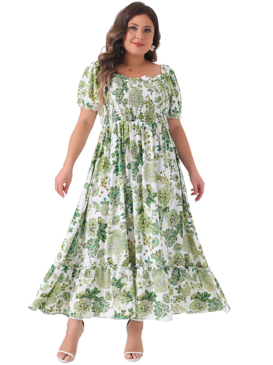 Women Plus Size Short Sleeve Shirred Square Neck Floral Maxi Long Dress