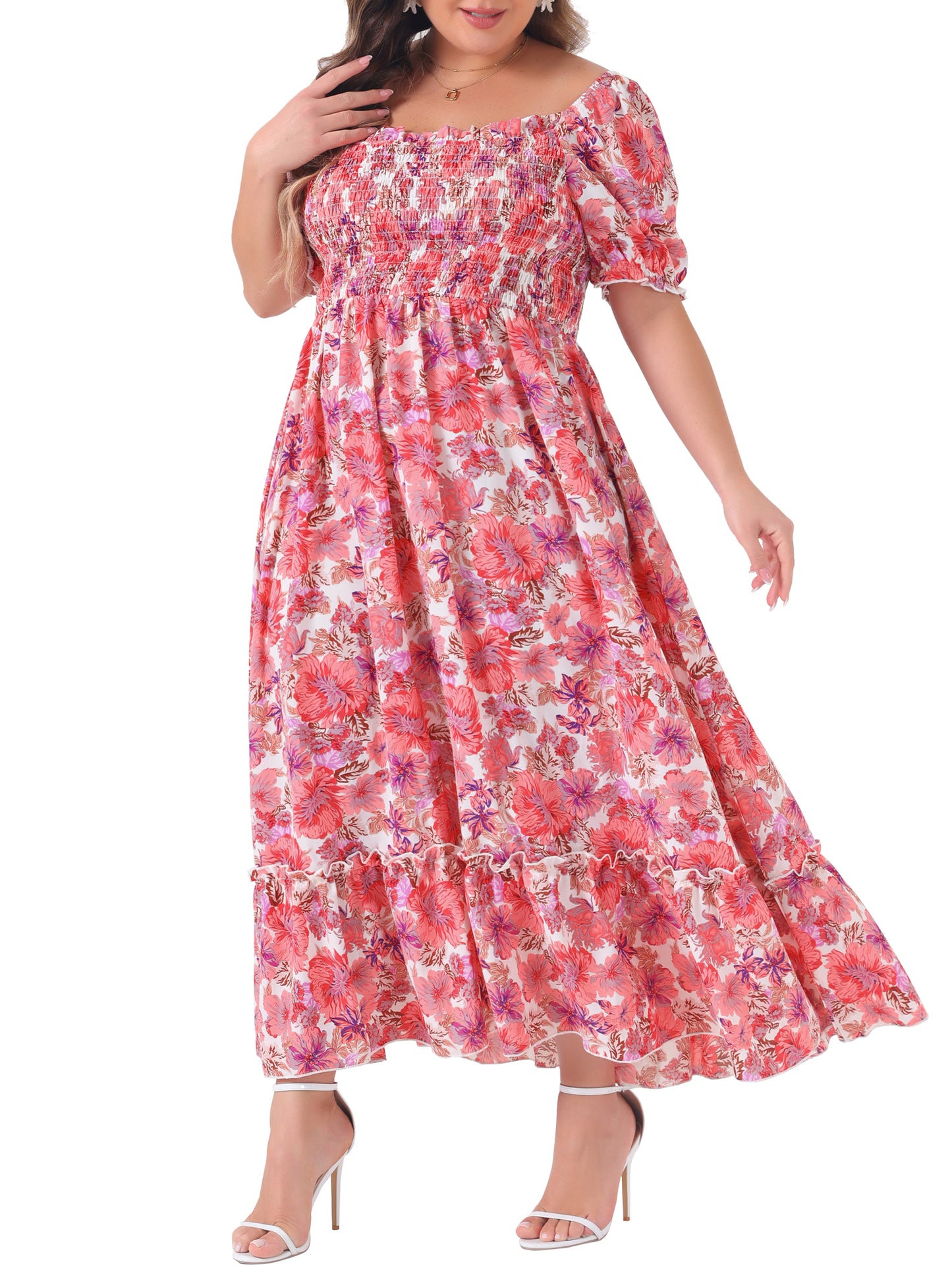 Women Plus Size Short Sleeve Shirred Square Neck Floral Maxi Long Dress