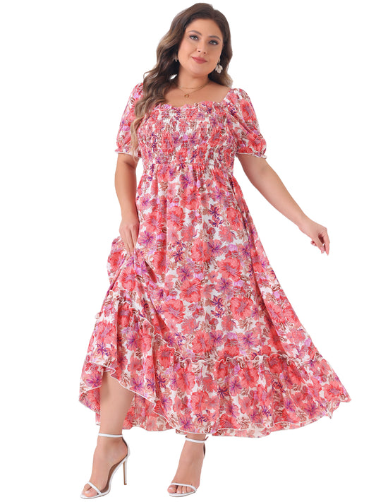 Vestido maxi largo floral con escote cuadrado y manga corta fruncido para mujer, talla grande