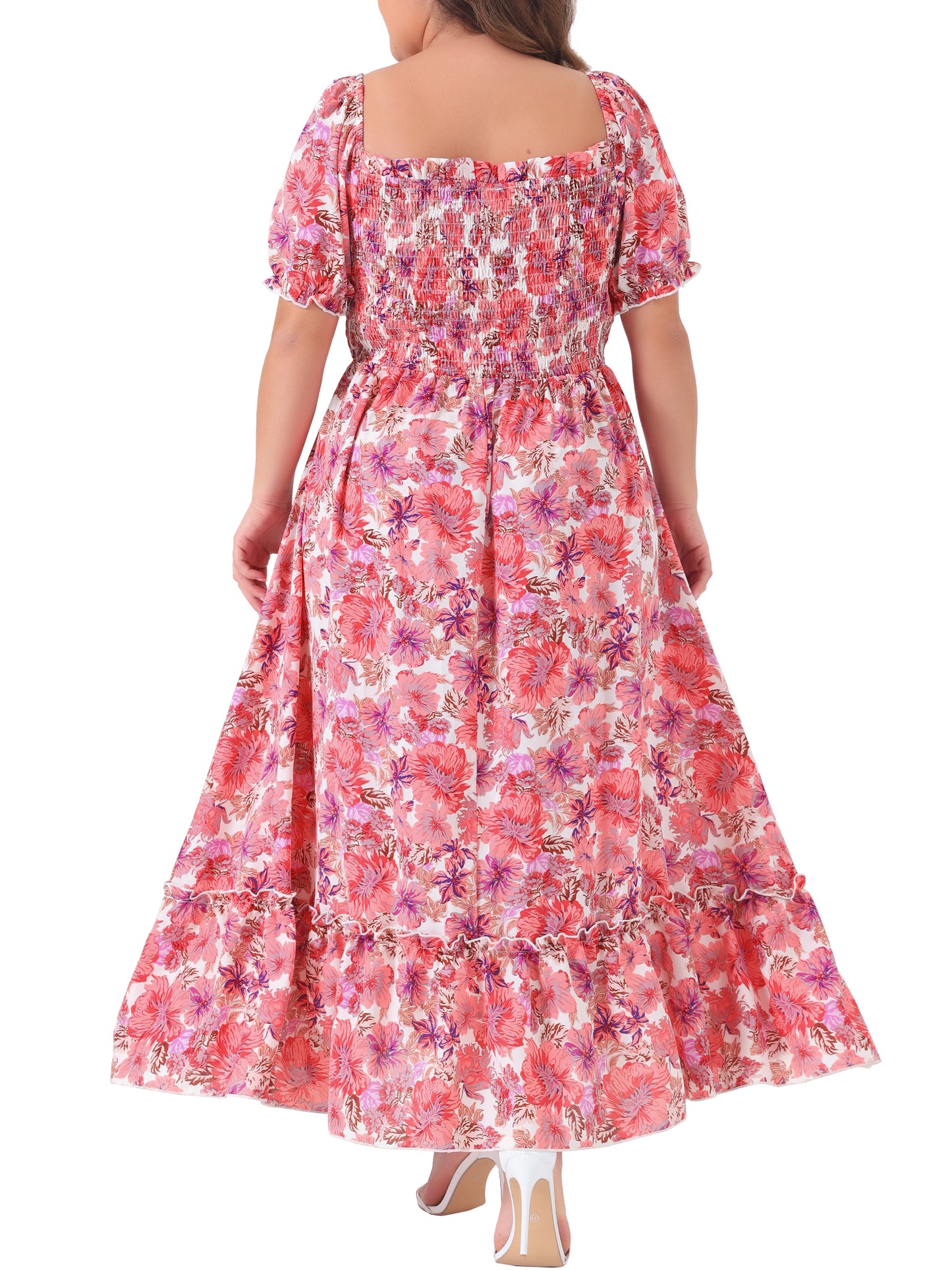 Women Plus Size Short Sleeve Shirred Square Neck Floral Maxi Long Dress
