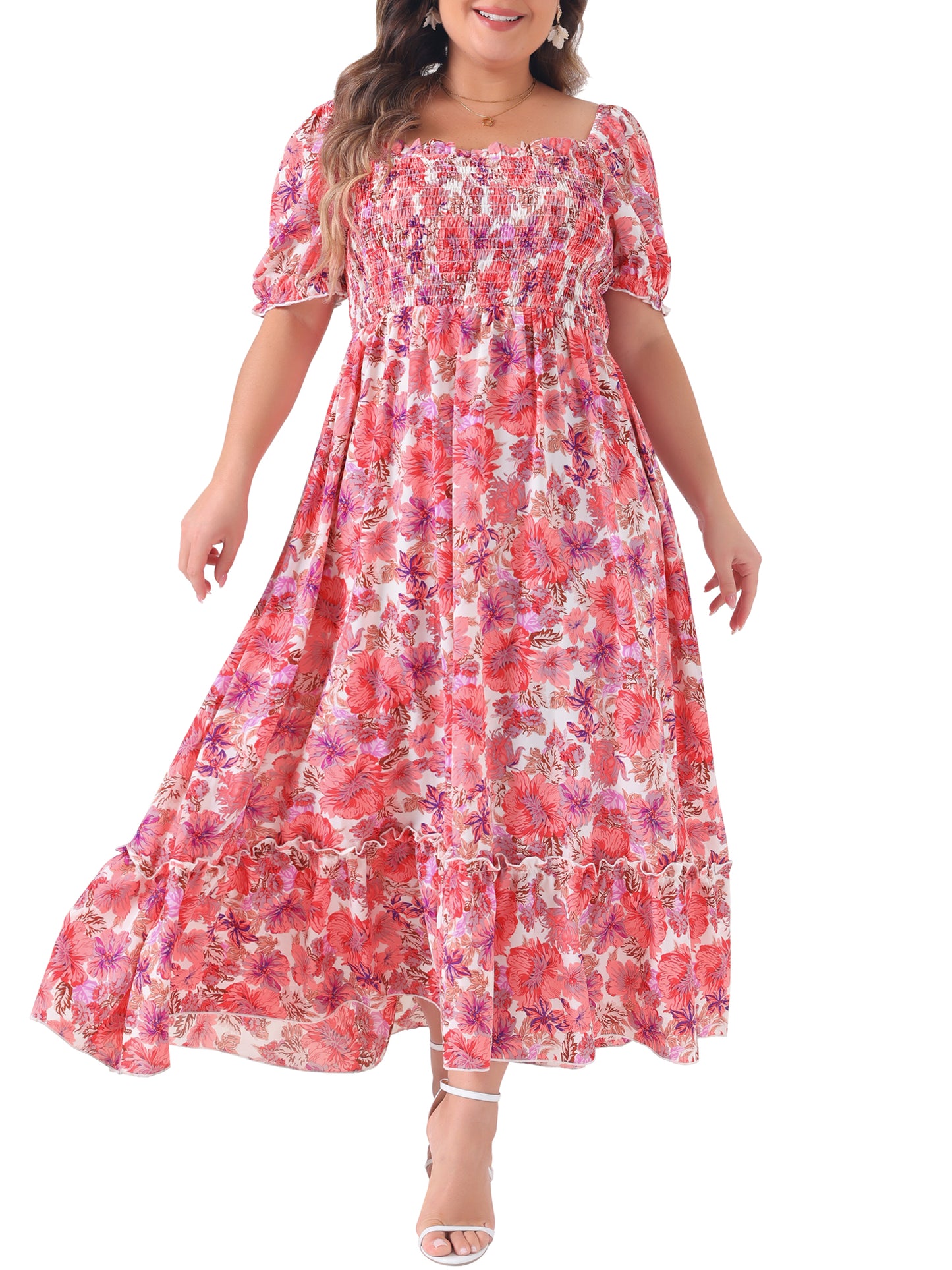 Women Plus Size Short Sleeve Shirred Square Neck Floral Maxi Long Dress
