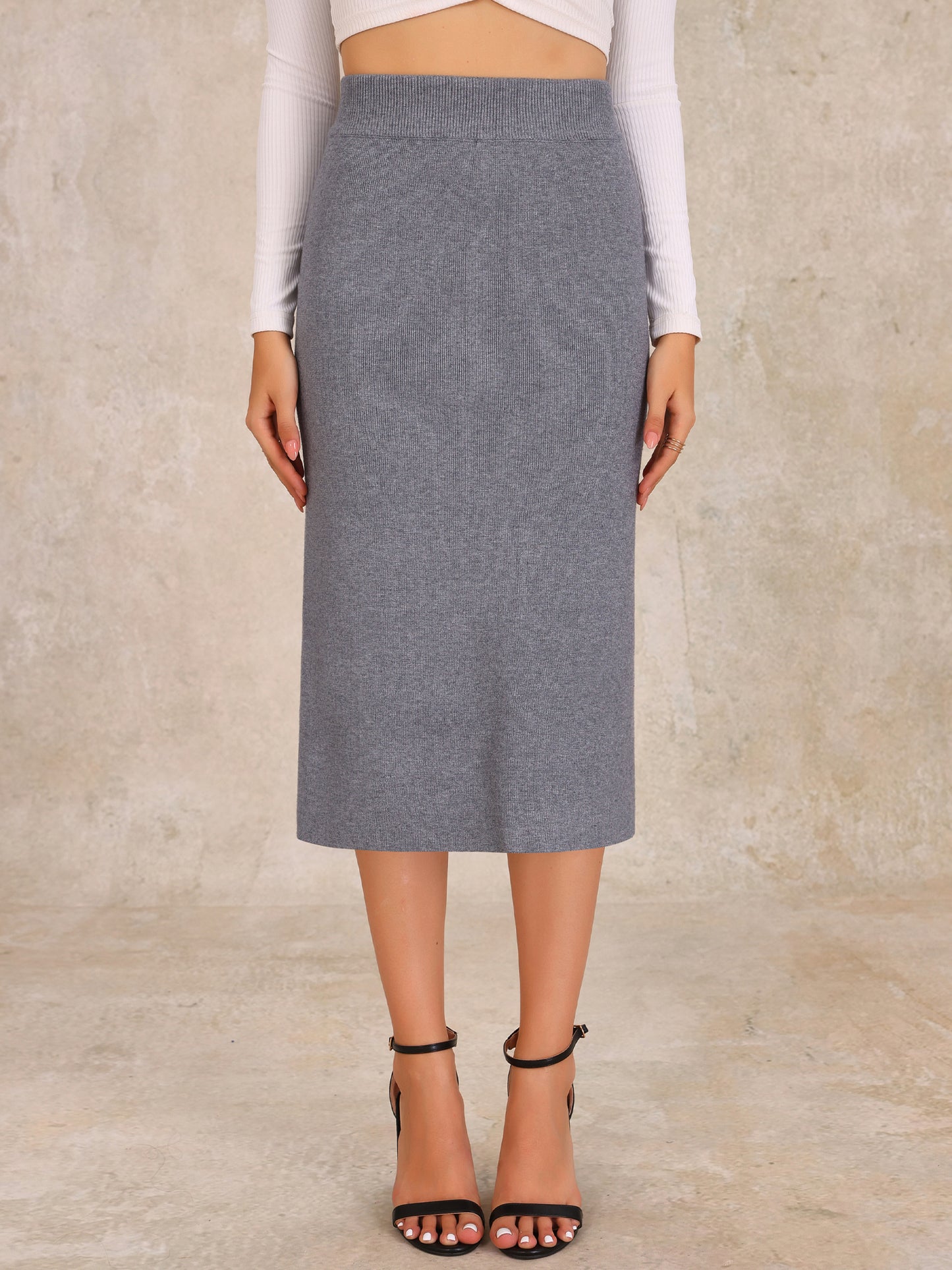 Women's Bodycon Skirt High Waist Stretchy Rib Knit Split Hem Slit Sweater Pencil Skirt