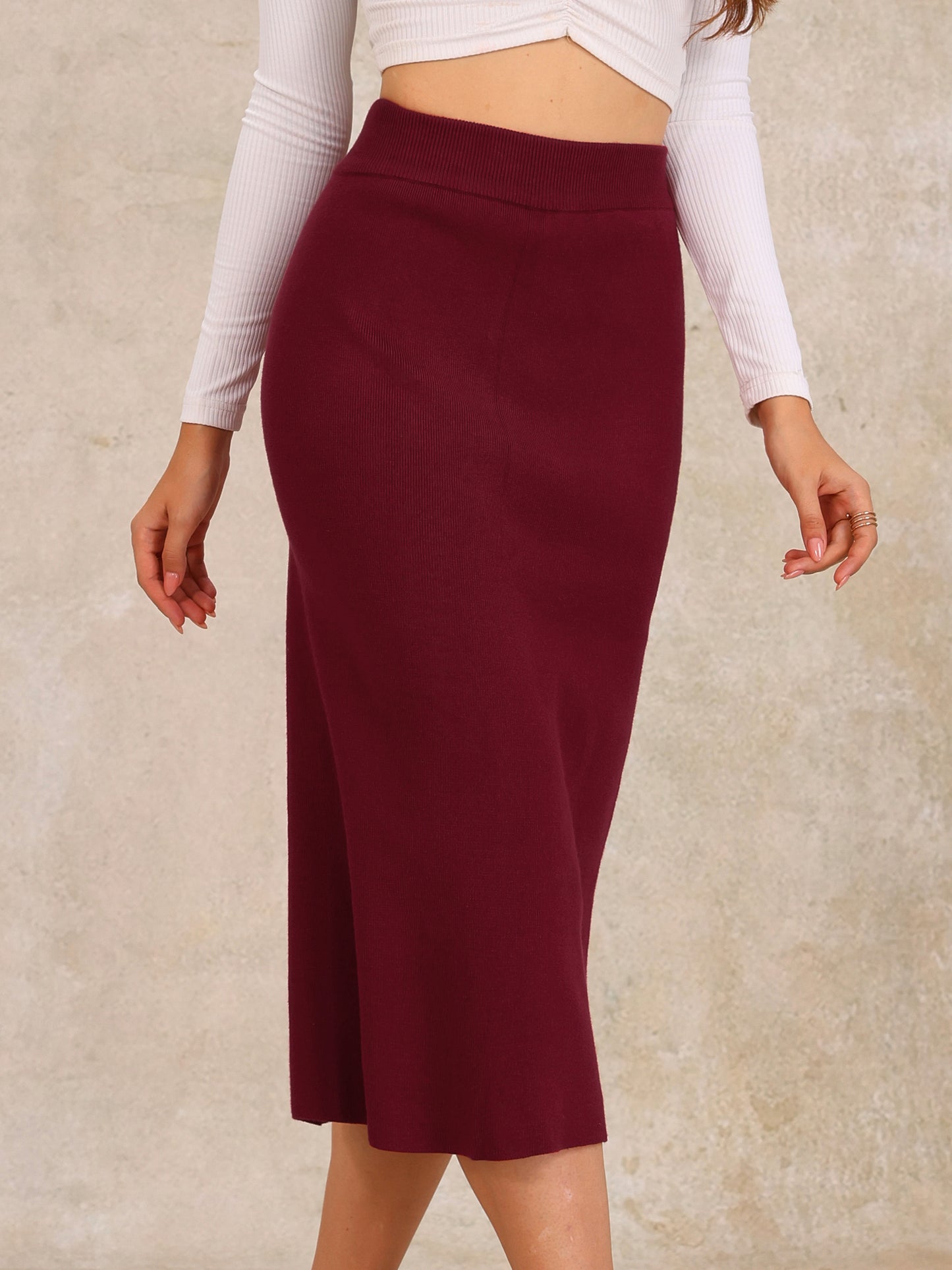 Women's Bodycon Skirt High Waist Stretchy Rib Knit Split Hem Slit Sweater Pencil Skirt