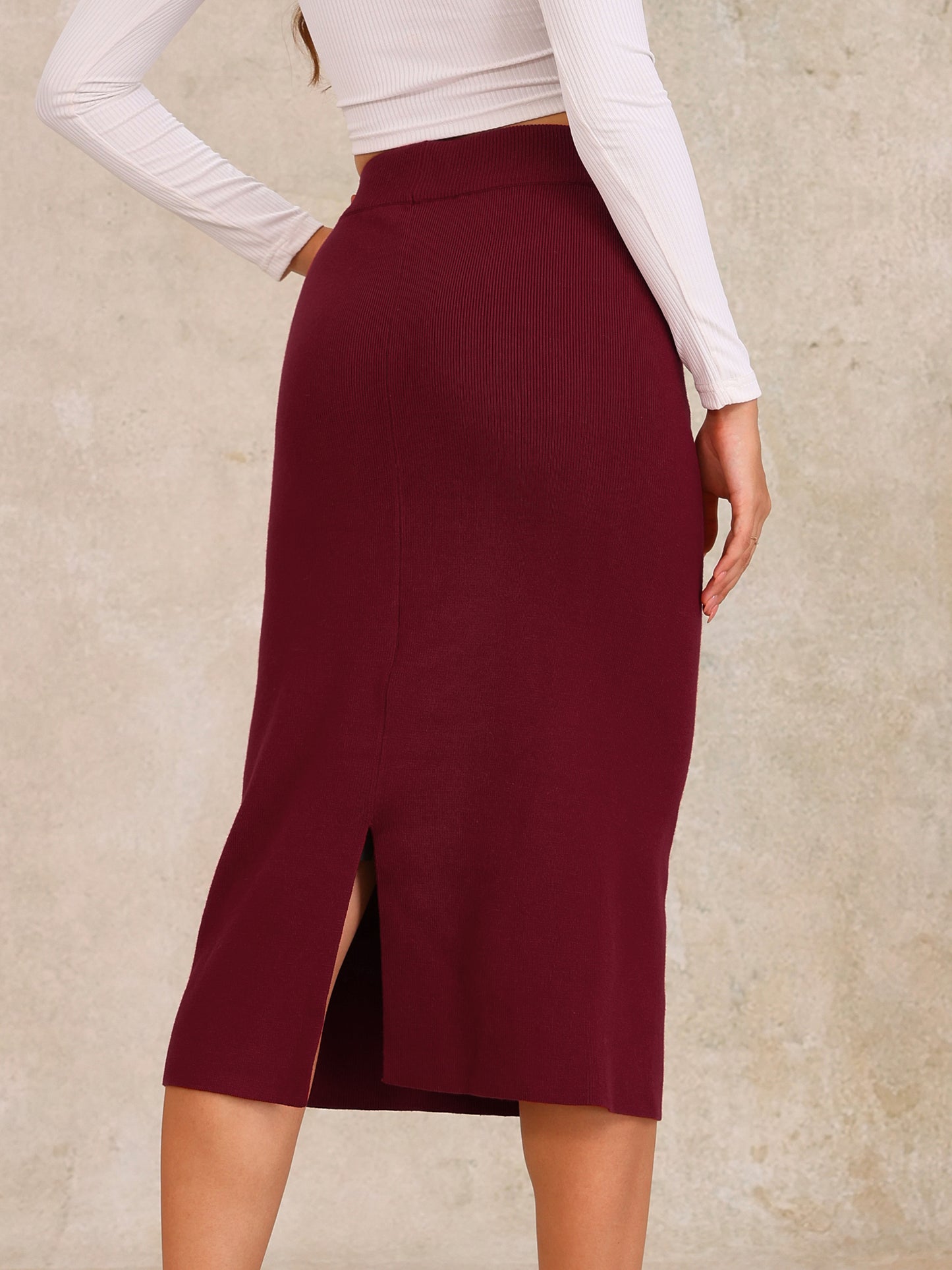 Women's Bodycon Skirt High Waist Stretchy Rib Knit Split Hem Slit Sweater Pencil Skirt