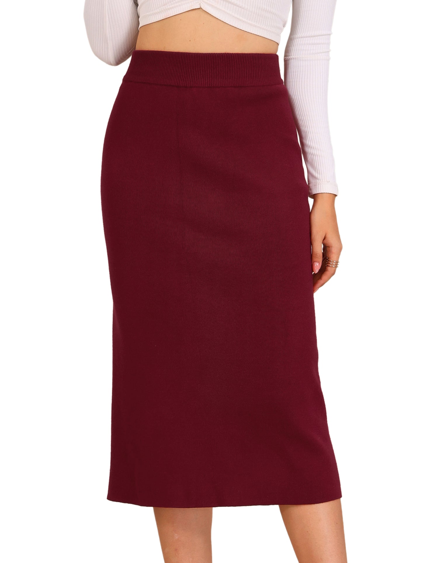 Women's Bodycon Skirt High Waist Stretchy Rib Knit Split Hem Slit Sweater Pencil Skirt