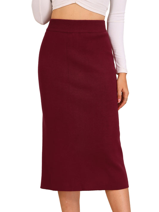 Women's Bodycon Skirt High Waist Stretchy Rib Knit Split Hem Slit Sweater Pencil Skirt