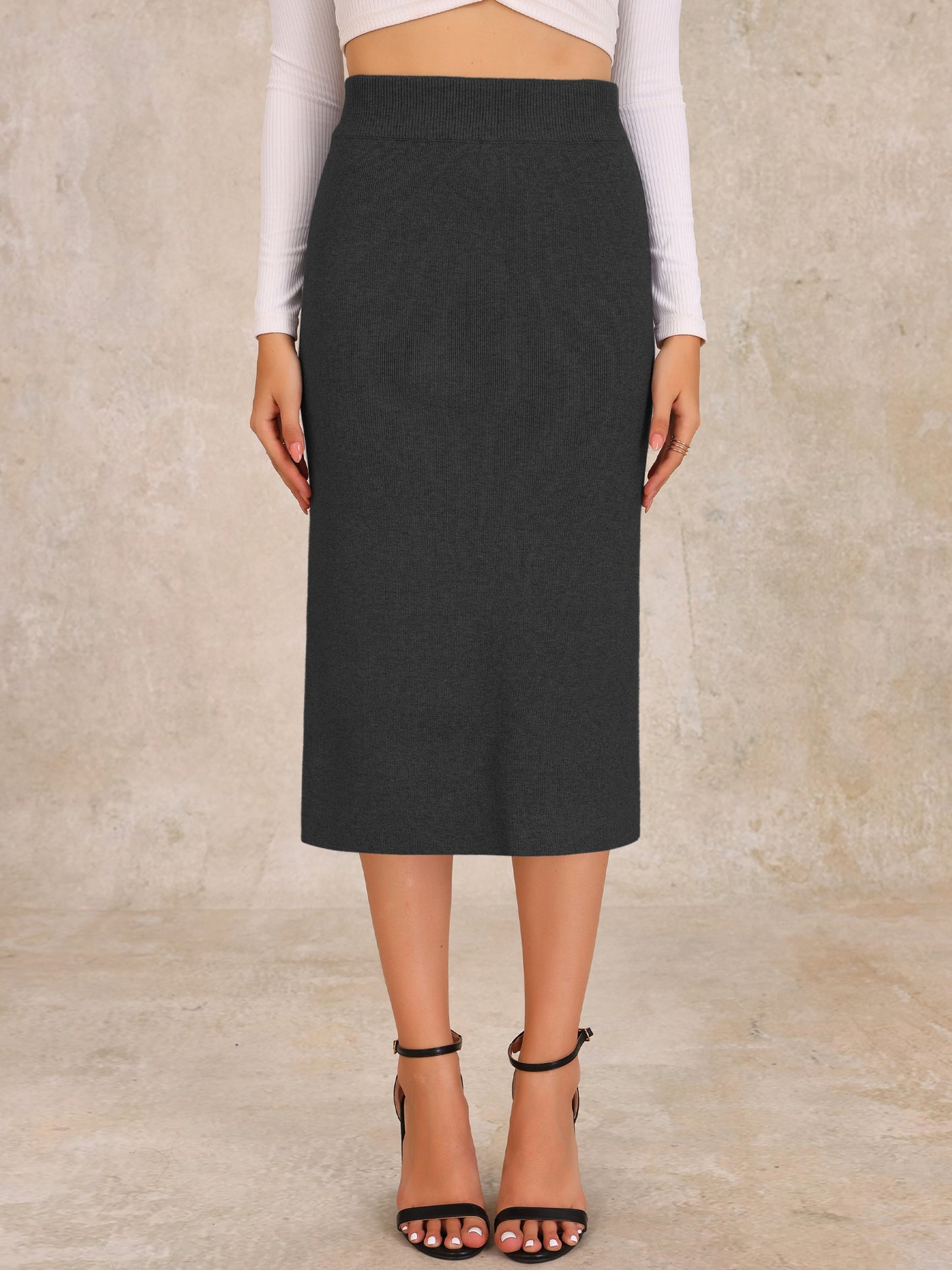 Women's Bodycon Skirt High Waist Stretchy Rib Knit Split Hem Slit Sweater Pencil Skirt