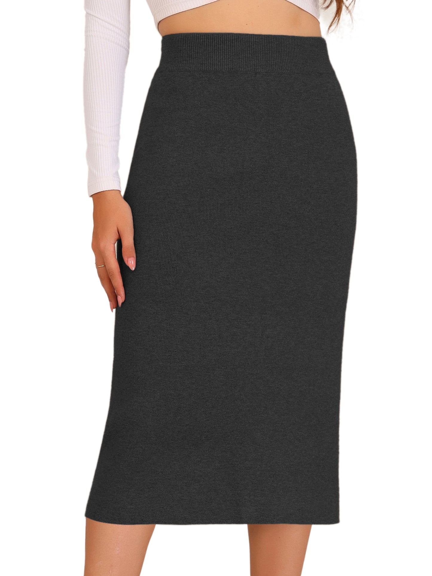 Women's Bodycon Skirt High Waist Stretchy Rib Knit Split Hem Slit Sweater Pencil Skirt