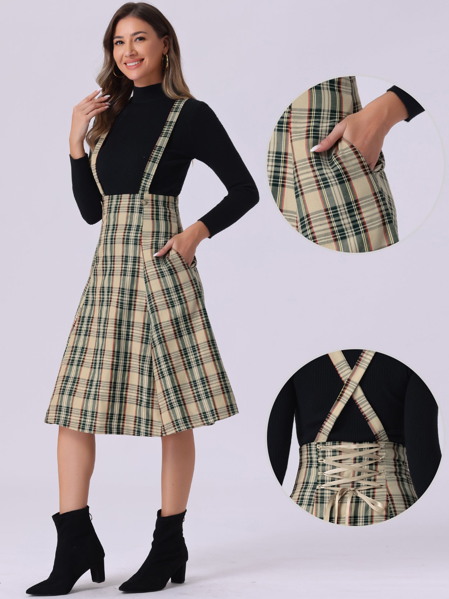 Women's Overall Dress Tartan Plaid Pinafore Suspender Skirt