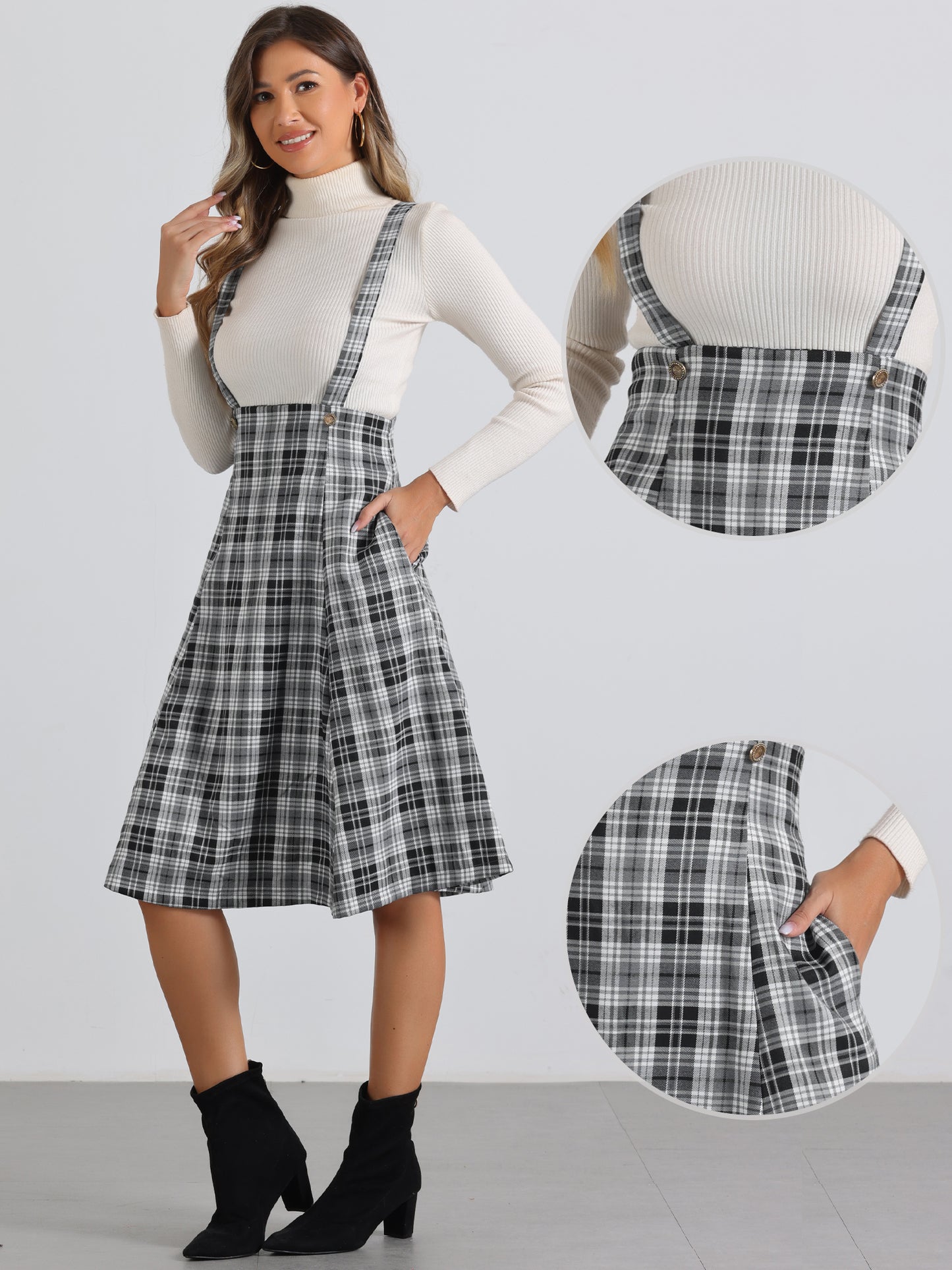 Women's Overall Dress Tartan Plaid Pinafore Suspender Skirt