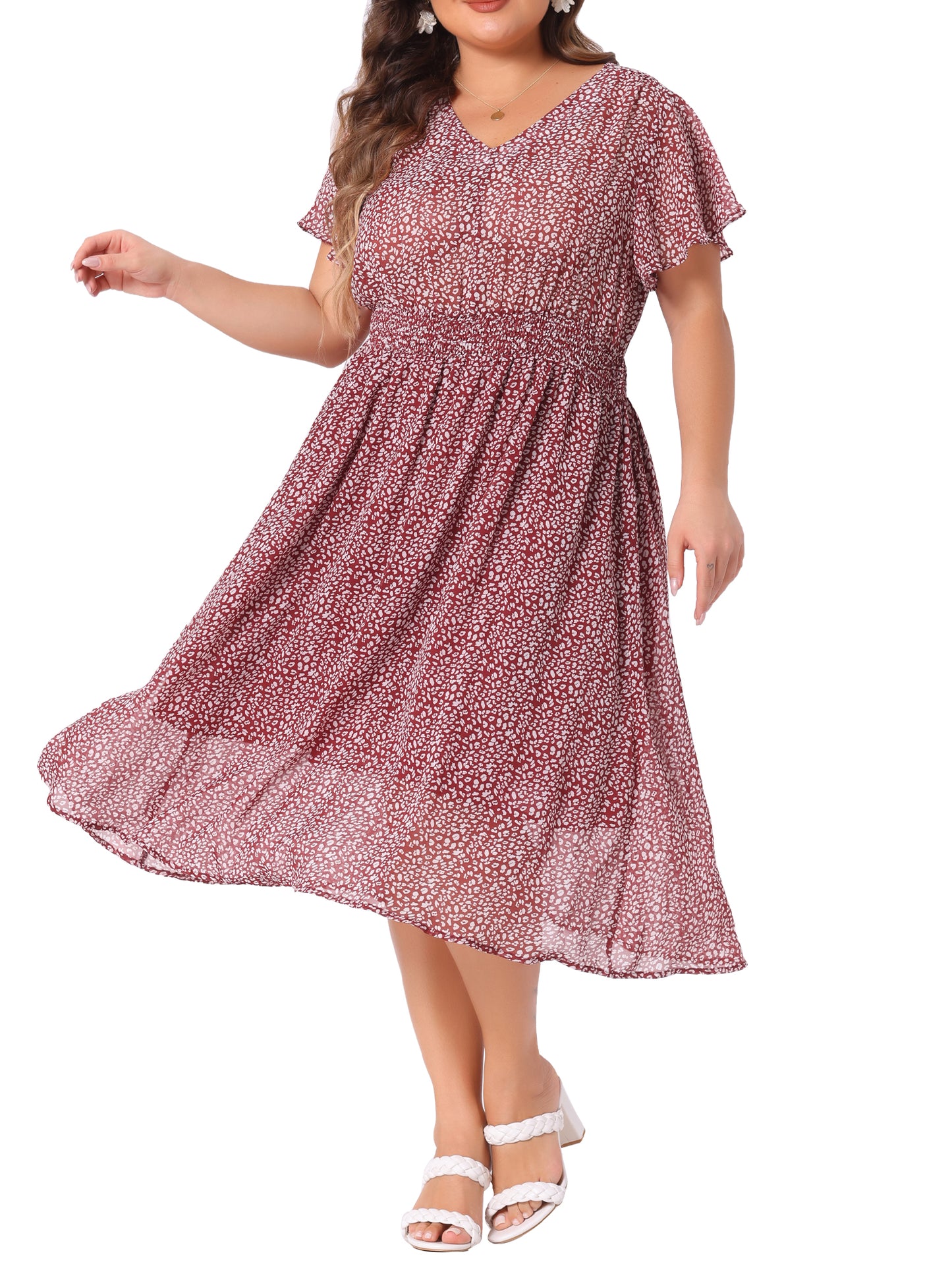 Women's Plus Size Summer Dress Floral Print V Neck Smocked A-Line Flowy Midi Dress