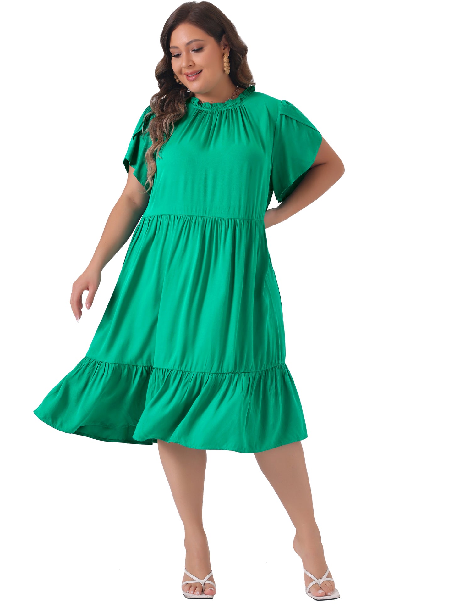 Women's Plus Size Dress Tie Back Petal Sleeve Mock Neck Ruffle Hem A-Line Swing Midi Dresses